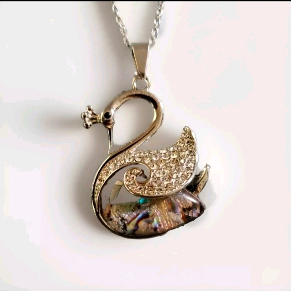 Abalone Shell Crystal Swan Queen Pendant Necklace in Polished Stainless Steel - Picture 3 of 6